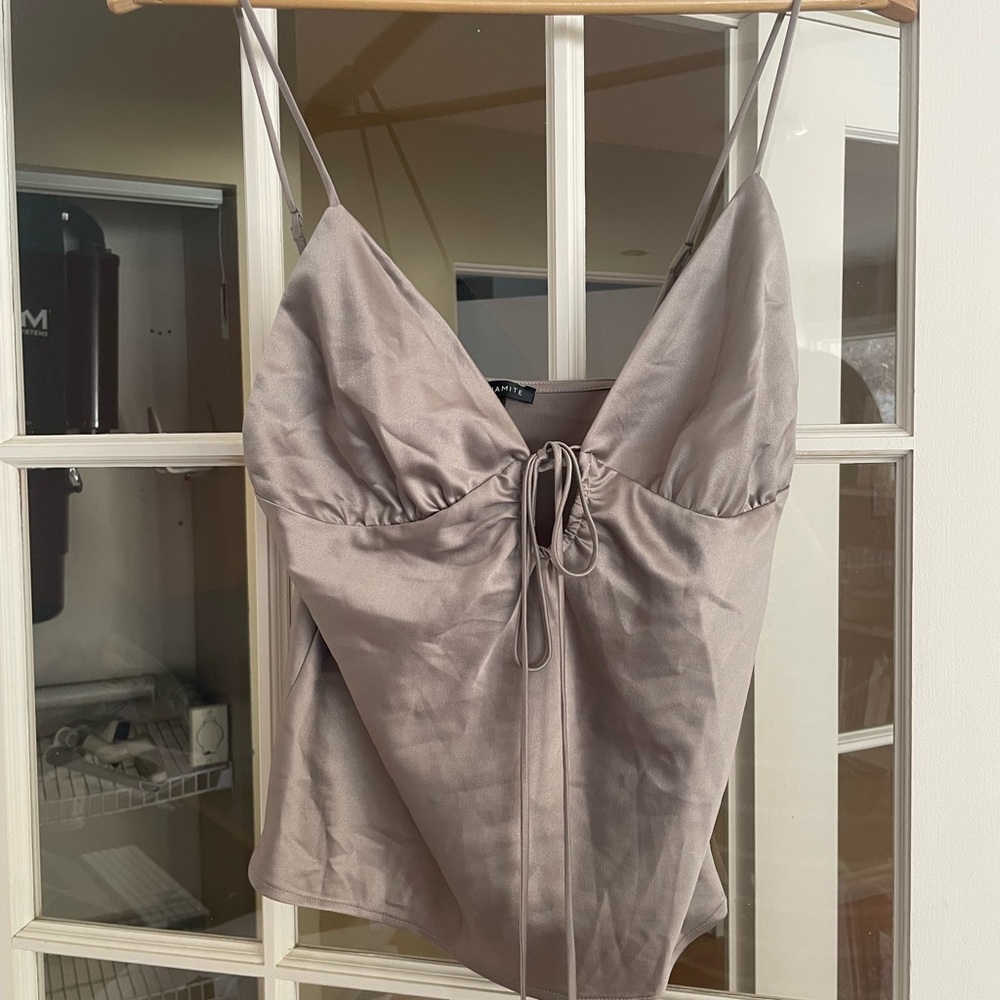💙 DYNAMITE Satin Spaghetti Strap Top in Taupe